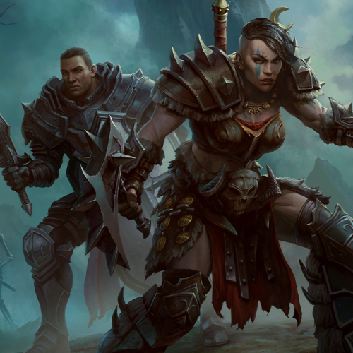A female barbarian and male knight strike fearsome poses in this Diablo Immortal concept art