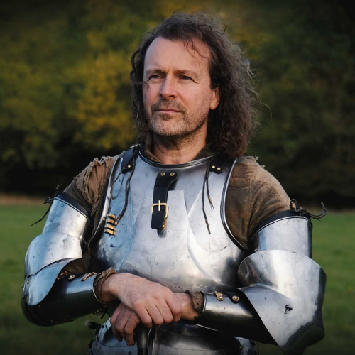 Rebellion Co-Founder and CEO Jason Kingsley wearing a medieval knight's armor.
